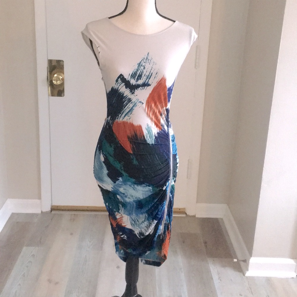 BCBG Max Azria fitted multicolor asymmetric dress